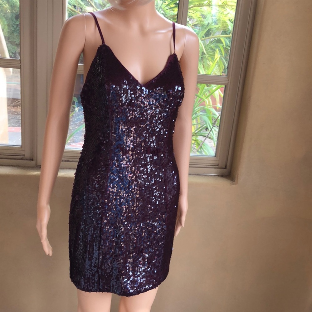 NWT. Forever 21 dark plum, sequin mini dress with adjustable, spaghetti straps